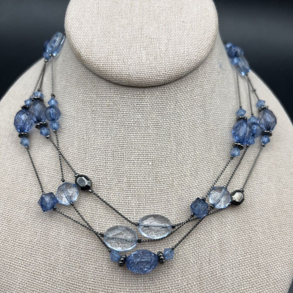 1928 Beaded Necklace Gunmetal Blue Acrylic Plastic Station Layered Collar